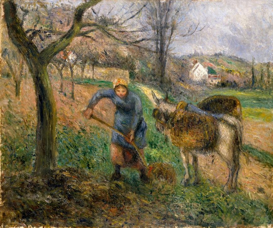 Camille Pissarro, Bäuerin mit Esel in Pontoise (Arbeit,Dorf,Ernte,Frau,Kunst,Landschaft,Volkskunde,Impressionismus,Heu,Esel,Baum,Wiese,Lasttier,Bäuerin,Gras,Genre,Französische Kunst,Korb,Landleben,Heugabel,Frauenleben,Tier,Landarbeit,Landarbeiterin,Dorfleben,Nutztier,Mensch Und Tier,Land Und Leute,Land)