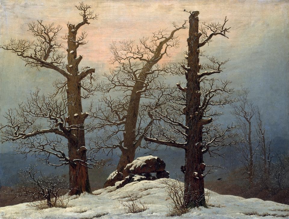 Caspar David Friedrich, Hünengrab im Schnee (Botanik,Deutsche Kunst,Eiche,Grab,Hünengrab,Jahreszeiten,Steinsetzung,Kunst,Landschaft,Megalithgrab,Meteorologie,Tod,Vor- Und Frühgeschichte,Vorgeschichte,Wetter,Winter,Stein,Schnee,Baum,Romantik,Kälte,Baumgruppe,Baumstamm,Megalithkultur)