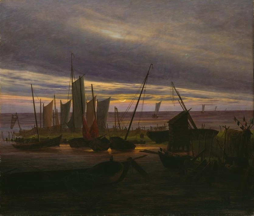 Caspar David Friedrich, Schiffe im Hafen am Abend (Deutsche Kunst,Fischerei,Hafen,Licht Und Beleuchtung,Mond,Segelschiff,Tageszeiten,Abend,Dämmerung,Romantik,Schifffahrt)