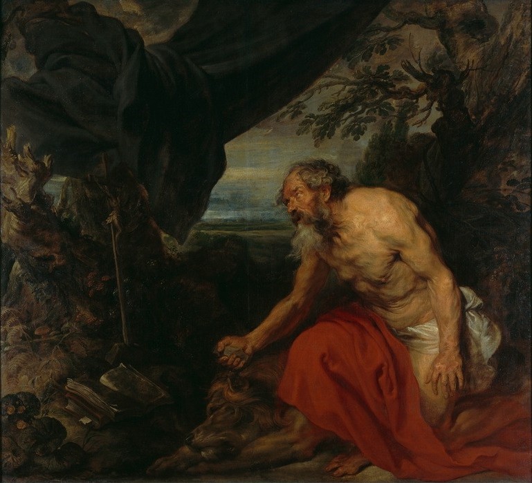 Anthonis van Dyck, Der heilige Hieronymus (Heiliger, Einsiedler, Eremit, Buße, Löwe, Selbstkasteiung, Selbtgeißelung, Christentum, Religion, Barock, Klassiker, Wunschgröße, Wohnzimmer)
