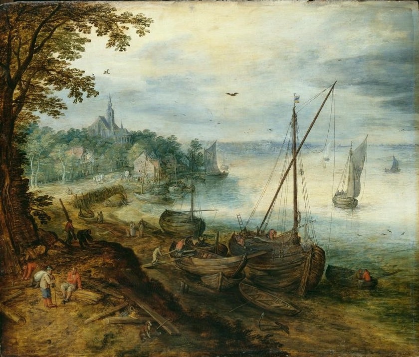 Jan Brueghel der Ältere, Flußlandschaft mit Holzhackern (Arbeiter,Flämische Kunst,Landschaft,Schiffsbau,Volkskunde,Barock,Fluss,Niederländische Kunst,Reparatur,Holzboot,Land Und Leute)