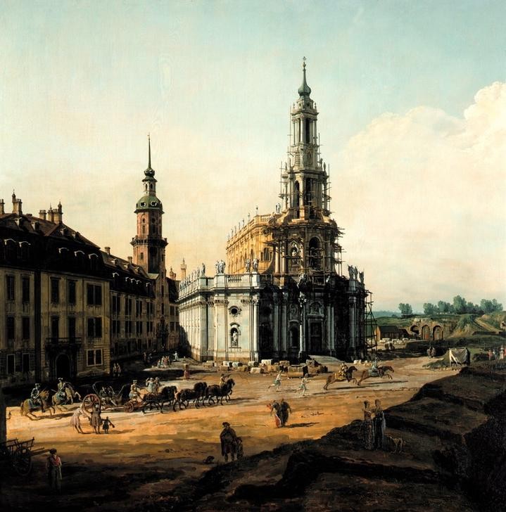 Bernardo Bellotto, Dresden vom linken Elbufer oberhalb des Altstädter Brückenk (Dresden, Kirche, Architektur, Gebäude, Vedute, historische Stadt, Pferdekutsche, Sechsspänner, Rokoko, Malerei, Wohnzimmer, Wunschgröße, Klassiker, bunt)