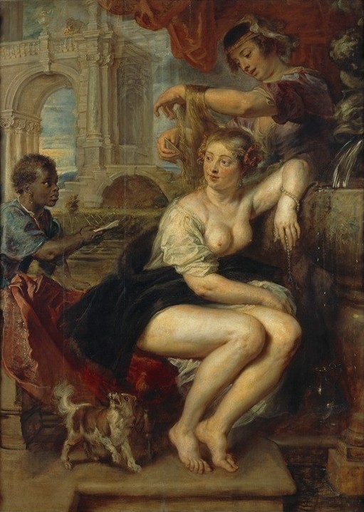 Peter Paul Rubens, Bathseba am Springbrunnen, den Brief Davids erhaltend (Bad Im Freien,Bad,Brief,Dienstboten,Flämische Kunst,Frau,Haarpflege,Postbote,Barock,Altes Testament,Busen,Bibel,Mohr,David Und Bathseba,Niederländische Kunst,Zofe,Halbakt,Briefbeförderung,Spaniel,Jüdisch-Christlich,Schwarzer,Haarekämmen)