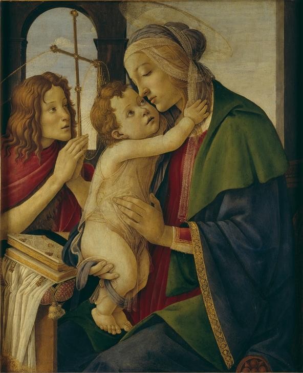 Sandro Botticelli, Maria mit Kind und dem Johannesknaben (Maria, Mutter Gottes, Jesus, Christuskind, Johannes der Täufer, Frührenaissance, Neues Testament, Christentum, religiös, Wunschgröße, Malerei, Klassiker, Wohnzimmer, Schlafzimmer, bunt)