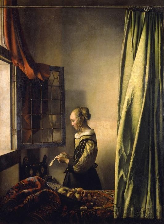 Jan Vermeer, Brieflesendes Mädchen am offenen Fenster (Brief,Frau,Kunst,Literatur,Barock,Spiegelung,Lesen (Allgemein),Liebesbrief,Interieur,Niederländische Kunst,Holländische Kunst,Vorhang,Frauenleben,Korrespondenz,Profil,Leserin,Junge Frau,Fenster (Geöffnet))