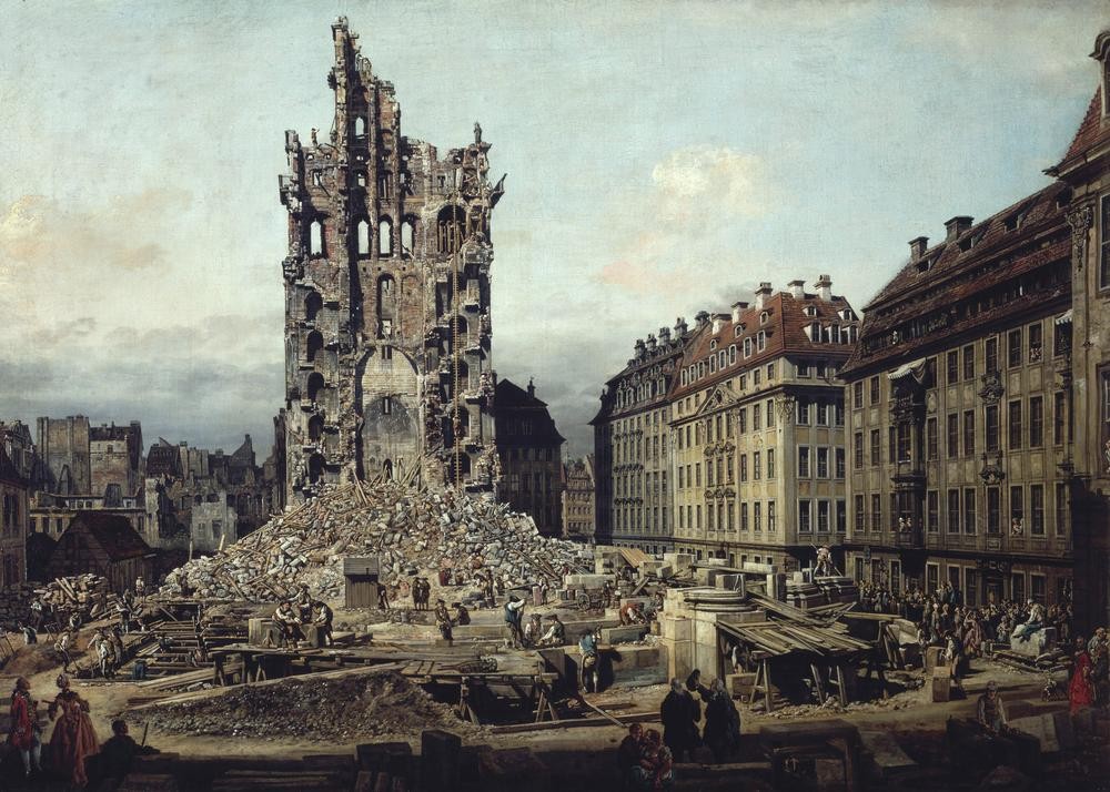 Bernardo Bellotto, Die Trümmer der Kreuzkirche in Dresden (Dresden, Kreuzkirche, Zerstörung, siebenjähriger Krieg, Schutt, Trümmer,  Architektur, Gebäude, Vedute, historische Stadt, Rokoko, Malerei, Wohnzimmer, Wunschgröße, Klassiker, bunt)