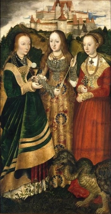 Lucas Cranach der Ältere, Die Heiligen Barbara, Ursula und Margaretha (Heige Frauen, Religion, Märtyrerinnen, Attribute, Damenmode, Festung, Burg,    Klassiker, Renaissance, Wunschgröße, Wohnzimmer)