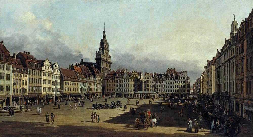 Bernardo Bellotto, Der Altmarkt zu Dresden von der Schloßstraße aus (Dresden, Marktplatz, Architektur, Gebäude, Vedute, historische Stadt, Kutsche, Spaziergänger, Alltag, Rokoko, Malerei, Wohnzimmer, Wunschgröße, Klassiker, bunt)