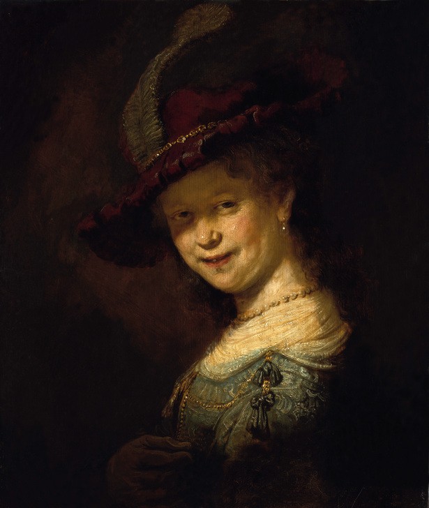Rembrandt Harmenszoon van Rijn, Saskia van Uylenburgh als Mädchen (Braut,Damenhut,Frau,Maler (Künstler),Hut,Ohrring,Schatten,Ehefrau Von Berühmten,Portrait,Perlenkette,Künstlerfrau,Niederländische Kunst,Lächeln,Holländische Kunst,Junge Frau,Brustbild,Grossbürgertum,Person,Glasperle)