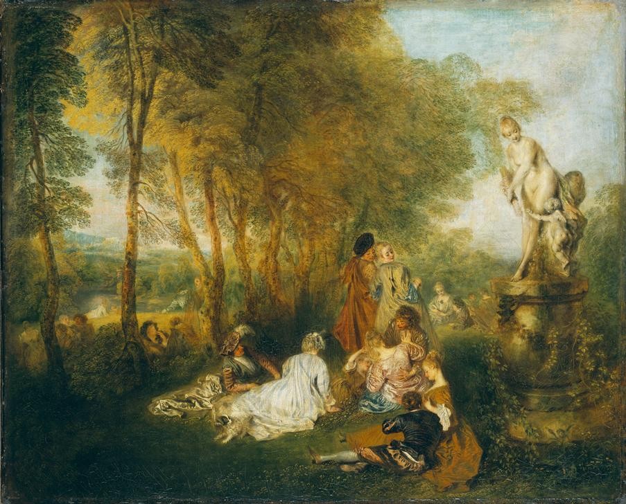 Jean-Antoine Watteau, Das Liebesfest (Erotik, Fest, Liebe, Erotik, Liebespaare, Liebesgarten,  Fetes Galantes, Skulptur , Venus, Mode, Rokoko, Wohnzimmer, Schlafzimmer, Klassiker,  Wunschgröße)