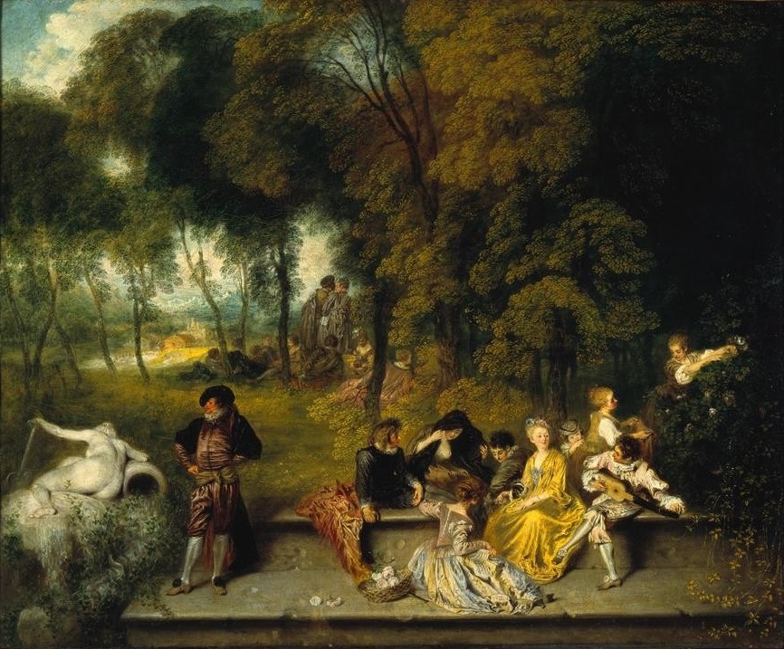 Jean-Antoine Watteau, Réunion en plein air (Flirt, Garten  Gesellschaft, Gitarre, Musiker, Freizeit,  Höfisch, Fetes Galantes, Mode, Rokoko, Wohnzimmer,   Klassiker,  Wunschgröße)