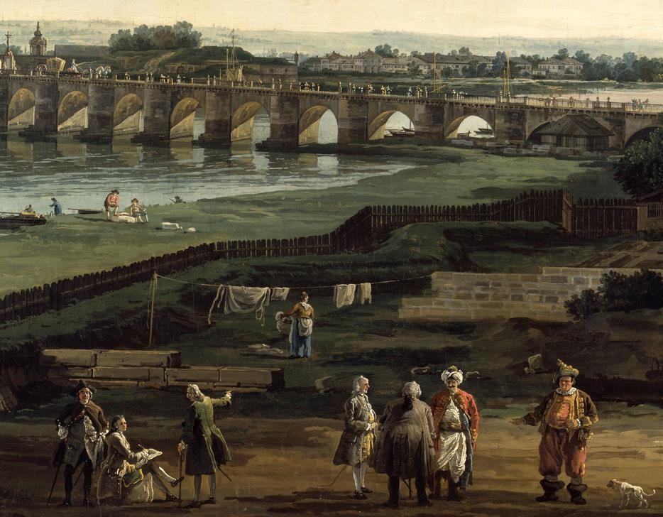 Bernardo Bellotto, Dresden vom rechten Elbufer oberhalb der Augustusbrücke (Elbe, Fluss, Architektur, Brücke, Dresden, Alltagsszene, Künstler, historisch, Malerei, Rokoko, Wohnzimmer, Wunschgröße, Klassiker, bunt)