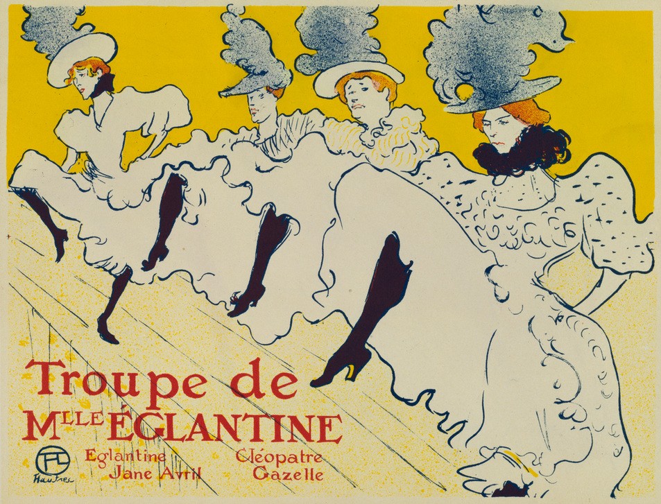 Henri de Toulouse-Lautrec, Troupe de Mlle. Eglantine / Eglantine / Jane Avril / Cleopa (Ballett,Frau,Jugendstil,Kabarett Und Variete,Kunst,Tänzerin,Tanz,Theater,Variete (Entertainment),Werbung,Plakat,Revue (Musiktheater),Französische Kunst,Belle Epoque,Fin De Siecle,Jahrhundertwende,Tanztruppe)