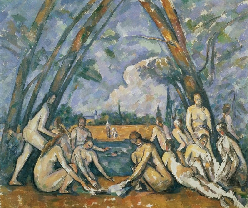 Paul Cézanne, Les Grandes Baigneuses (Körperpflege,Bad Im Freien,Bad,Gruppenbild,Landschaft,Freizeit,Impressionismus,Akt,Französische Kunst,Frauenleben,Jahrhundertwende)