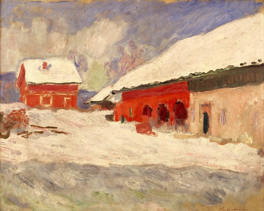 Claude Monet, Les Maisons rouges à Björnegaard (Norvege) (Architektur,Haus,Jahreszeiten,Winter,Wohnhaus (Allgemein),Impressionismus,Schnee,Architekturdarstellung,Französische Kunst)
