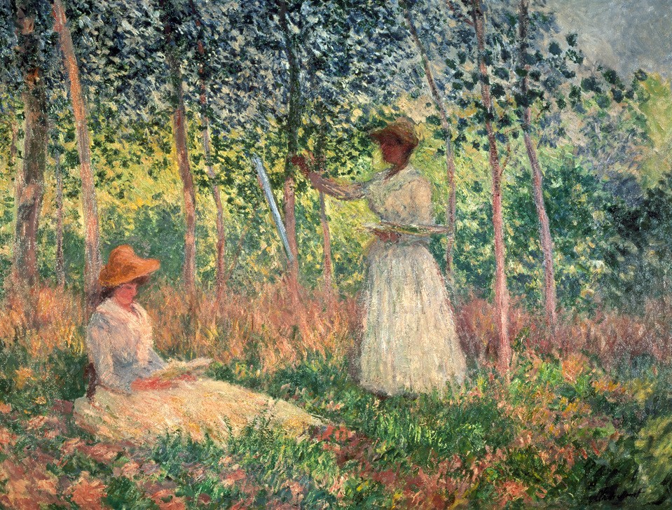Claude Monet, Suzanne lisant et Blanche peignant (Freilichtmalerei,Frau,Geschwister,Künstlerin,Landschaft,Freizeit,Sommer,Staffelei,Impressionismus,Schwester,Lesen (Allgemein),Hobby,Französische Kunst,Harmonie,Menschen Im Garten,Frauenleben,Leserin,Tochter Von Berühmten,Künstlerin Bei Der Arbeit,Bildung)