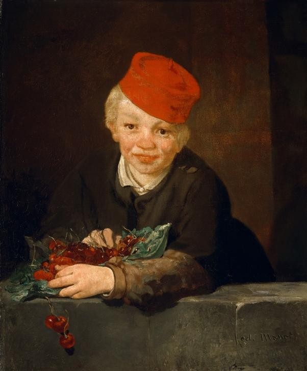 Edouard Manet, Le Garçon aux cerises (Kind,Kirsche,Mensch,Obst,Portrait,Französische Kunst,Knabe,Mütze)