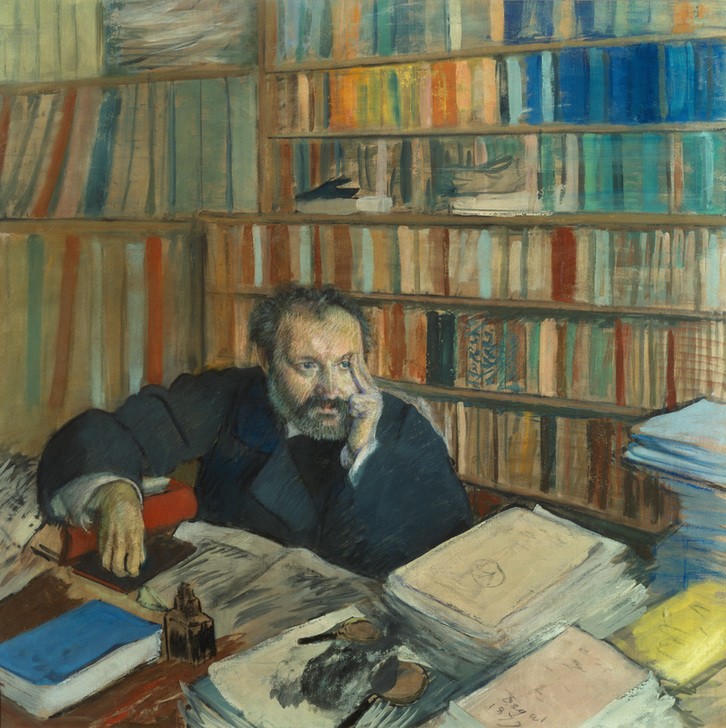 Edgar Degas, Edmond Duranty (Arbeitszimmer,Kunstkritiker,Journalist,Literatur,Mann,Schreibtisch,Impressionismus,Portrait,Nachdenken,Dichter Bei Der Arbeit,Interieur,Französische Kunst,Bücherregal,Person)