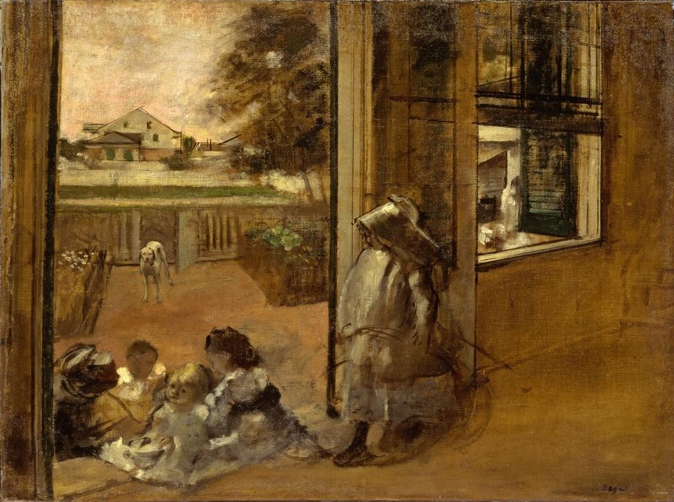 Edgar Degas, Cour d’une maison (Nouvelle-Orléans) (Kind,Tür,Wohnung,Impressionismus,Interieur,Französische Kunst,Kinderleben)