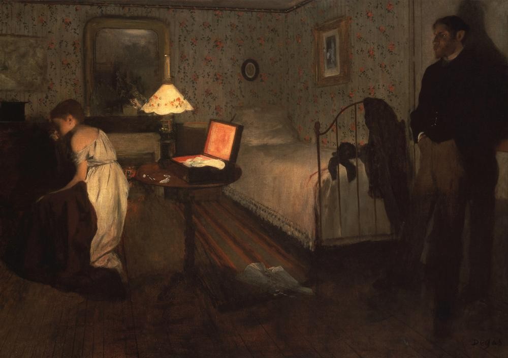 Edgar Degas, Le Viol (Bett,Schlafzimmer,Impressionismus,Vergewaltigung,Interieur,Bilder Erzählen Eine Geschichte,Sexualität,Frauenleben,Post Coitum)