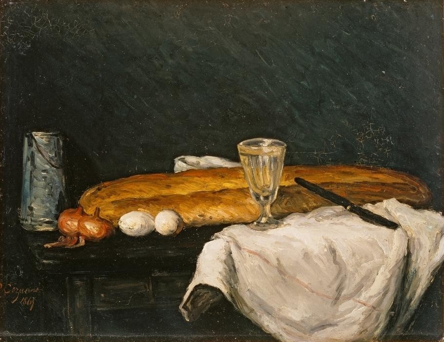 Paul Cézanne, Nature morte: Le Pain et les Oeufs (Stillleben, Brot, Baguette, Eier, Zinnkrug, Glas, edel,   Tisch, Tischtuch,   Impressionismus, Wunschgröße, Wohnzimmer, Esszimmer, Klassiker,)