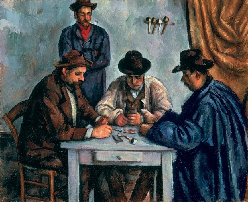 Paul Cézanne, Les Joueurs de Cartes (Herrenmode,Mann,Freizeit,Spiel,Tabak,Volkskunde,Impressionismus,Hut,Pfeife (Tabak),Kartenspiel,Tisch,Französische Kunst,Herrenrunde,Konzentration,Schublade,Land Und Leute)