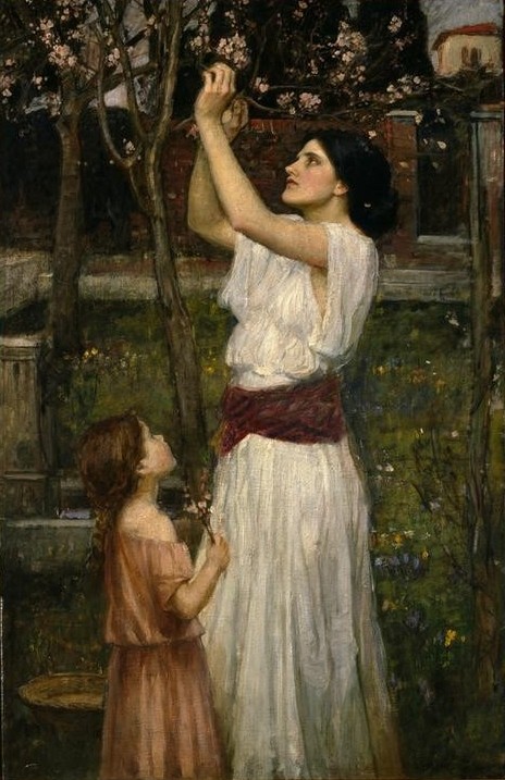 John William Waterhouse, Gathering Almond Blossoms (Baumblüte,Familie,Frau,Kind,Kunst,Mädchen,Menschen Im Park,Mensch,Mutter Und Kind,Park,Brunnen,Baum,Mutter,Tochter,Mutter Und Tochter,Englische Kunst,Alltagskultur,Familienleben,Menschen Im Garten,Kinderleben,Frauenleben,Mandelblüte,Blüte,Zweig,Mandelbaum)