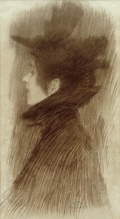 Gustav Klimt, Mädchen mit Hut und Cape im Profil  (Mensch und Gesellschaft)