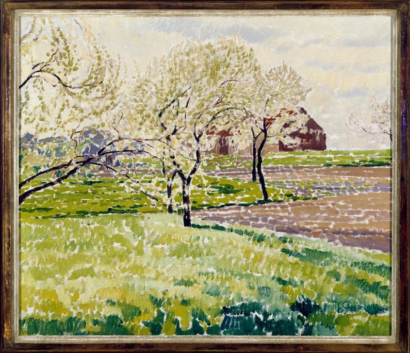 Max Clarenbach, Unbekannt (Landschaft, Landschaftsmalerei, Frühling, Jahreszeit, blühende Bäume, Wiesen, Impressionismus, Wunschgröße, Klassiker, Wohnzimmer)