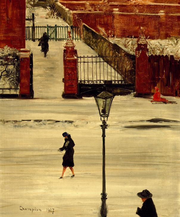Theo Champion, Unbekannt (Winter, Schnee, Stadt, Straße, verschneit, Fußgänger, Laterne, Alltagsszene, Neoimpressionismus, Moderne, Wunschgröße, Wohnzimmer)