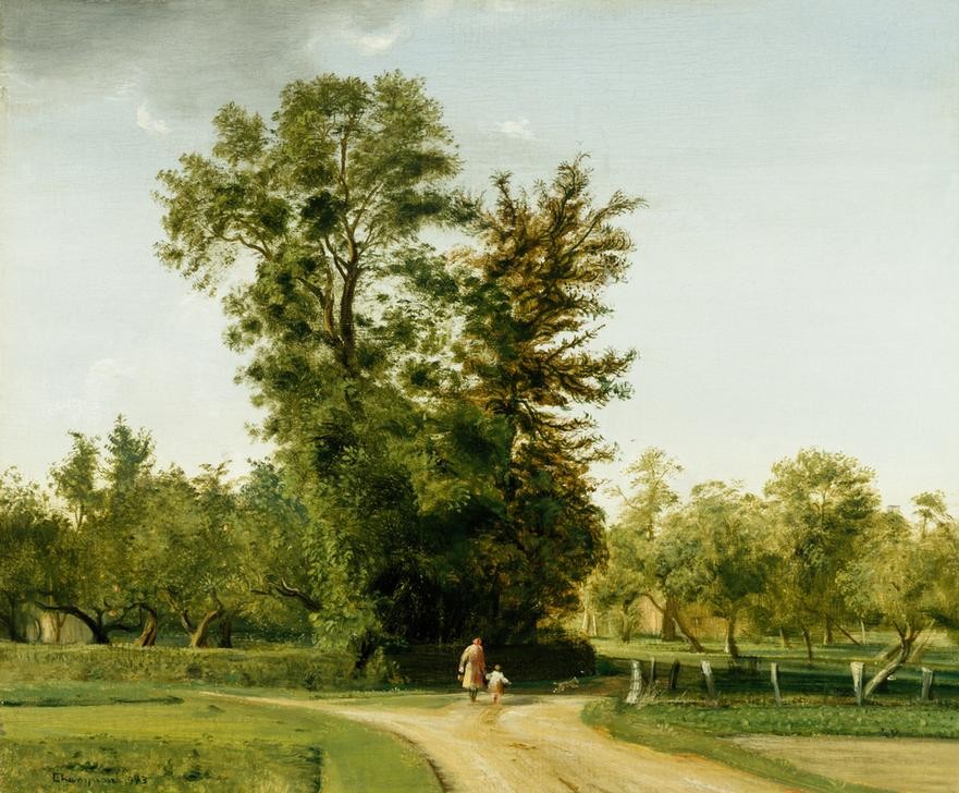 Theo Champion, Unbekannt (Landschaft, Natur, Ländlich, Feldweg, Spaziergänger, Mutter/Kind, Idylle, Neoimpressionismus, Moderne, Wunschgröße, Wohnzimmer)