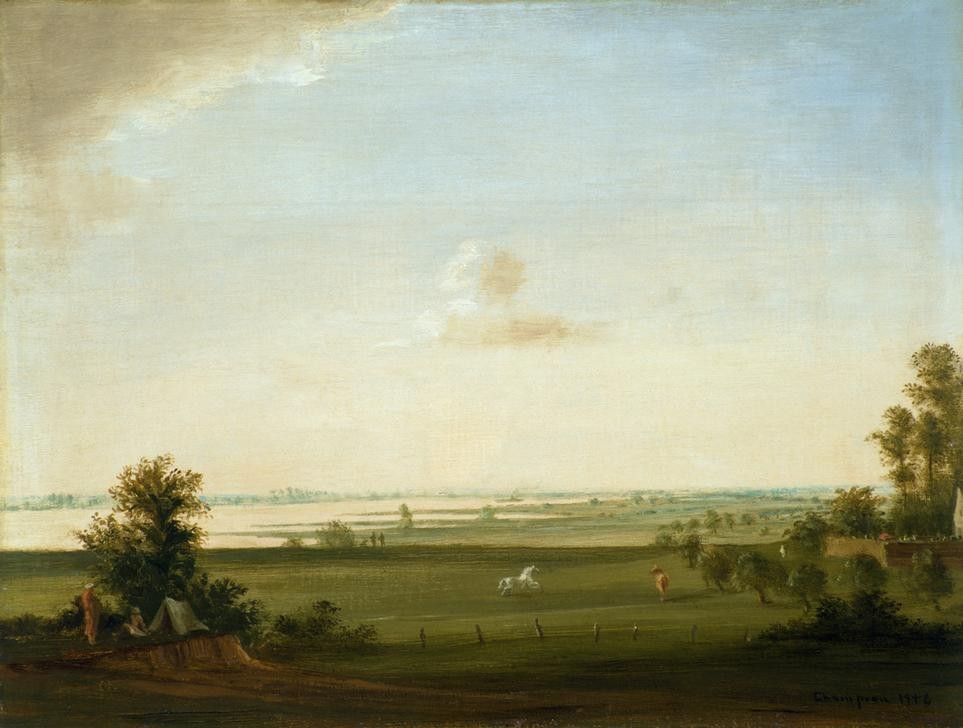 Theo Champion, Unbekannt (Landschaft, Landschaftsmalerei, Panorama, Weite, Koppel, Weide,  Pferde, Fluss, Neoimpressionismus, Moderne, Wunschgröße, Wohnzimmer)