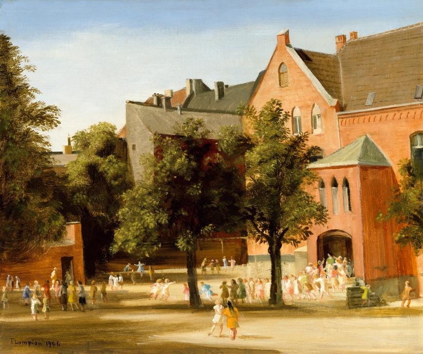 Theo Champion, Unbekannt (Schule, Mädchenschule, Pause, Schulhof, Gebäude, Architektur, Kinder, Sommer,
Realismus, Moderne, Wunschgröße, Wohnzimmer)