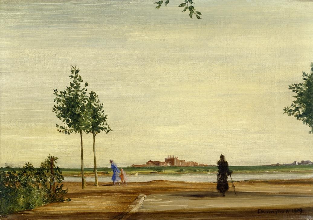 Theo Champion, Unbekannt (Landschaft, Fluss, Spaziergänger, Weg, Uferweg, Neoimpressionismus, Moderne, Wunschgröße, Wohnzimmer)