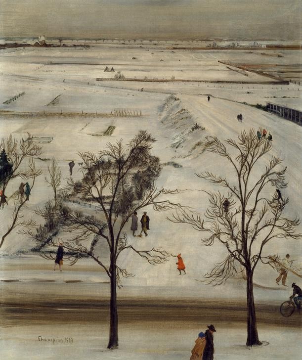 Theo Champion, Unbekannt (Landschaft, Landschaftsmalerei, Winterlandschaft, Jahreszeit, Schnee, Spaziergänger, Kinder, Realismus, Moderne, Wunschgröße, Wohnzimmer)