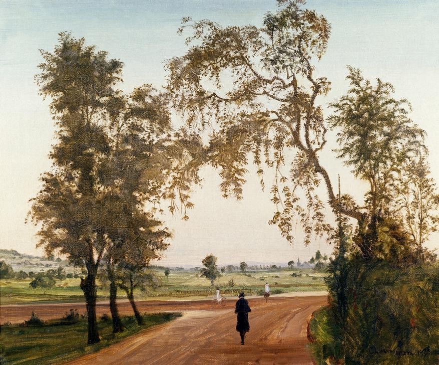 Theo Champion, Unbekannt (Spaziergänger, Weg, Bäume, Landschaft, Landschaftsmalerei, Idylle, Realismus, Moderne, Wunschgröße, Wohnzimmer)