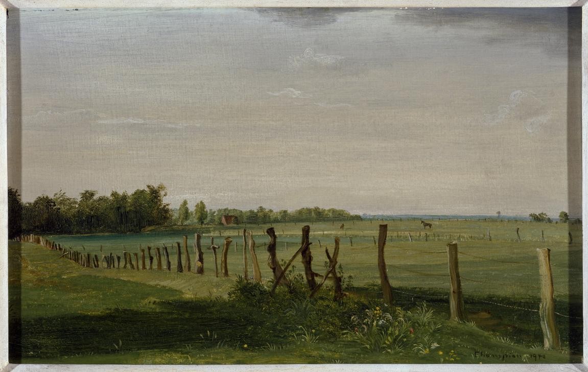 Theo Champion, Unbekannt (Landschaft, Landschaftsmalerei, Wiese, Feld, Weide, Weidenzaun, Weite, Horizont, Realismus, Moderne, Wunschgröße, Wohnzimmer)