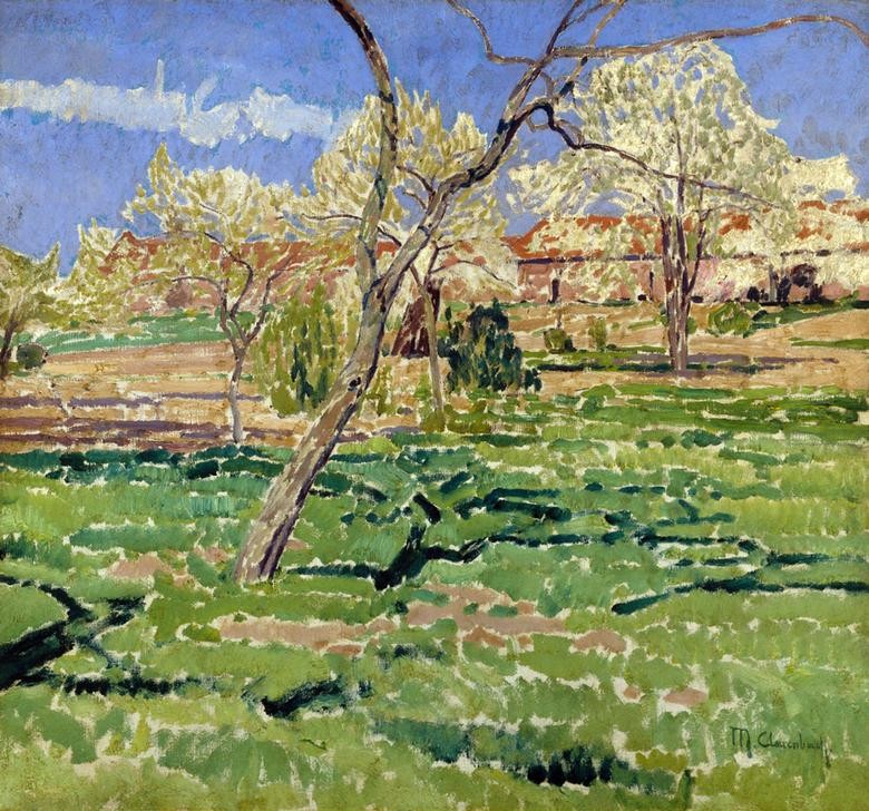 Max Clarenbach, Unbekannt (Landschaft, Landschaftsmalerei, Frühling, Jahreszeit, blühende Bäume, Wiesen, Impressionismus, Wunschgröße, Klassiker, Wohnzimmer)