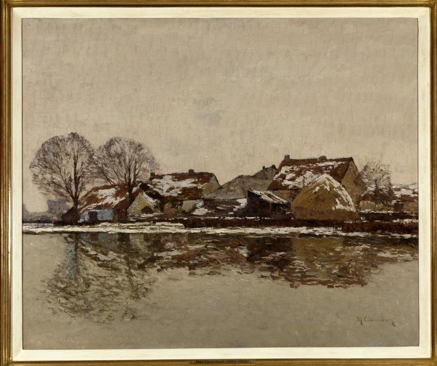 Max Clarenbach, Unbekannt (Winter, Schnee, Landschaft, Landschaftsmalerei, Fluss, Boot, Ufer, Dorf, Jahreszeit, Spiegelungen, Reflexionen, Impressionismus, Wunschgröße, Klassiker, Wohnzimmer)
