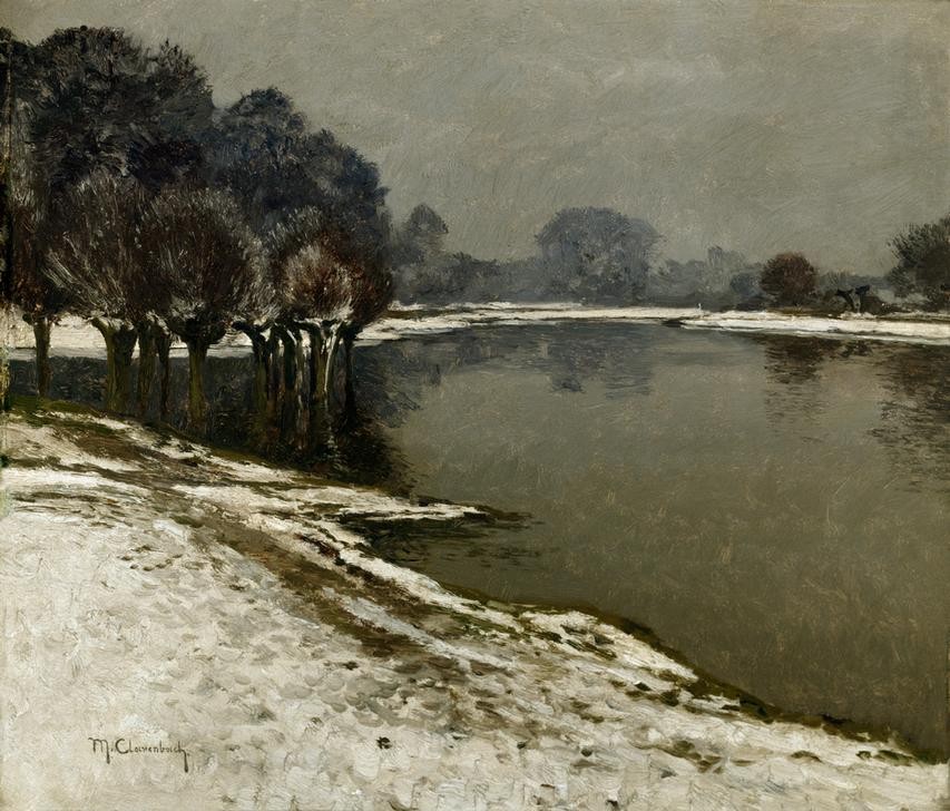 Max Clarenbach, Unbekannt (Landschaft, Landschaftsmalerei, Fluss, Bäume, Ufer, Spiegelungen, Winter, Jahreszeit, Schnee, Stille, Ruhe, Impressionismus, Wunschgröße, Klassiker, Wohnzimmer)