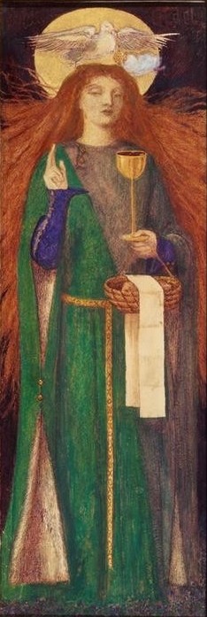 Dante Gabriel Rossetti, The Damsel of Sanct Grael (Christentum,Sage,Literatur,Taube,Segen,Hand,Jungfrau,Gestik,Präraffaeliten,Englische Kunst,Gral,Kelch,Rote Haare,Heiligenschein,Eucharistie)