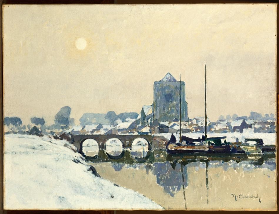 Max Clarenbach, Unbekannt (Winter, Schnee, Landschaft, Landschaftsmalerei, Fluss, Brücke, Kirche, Stadt, Schnee, Jahreszeit, Spiegelungen, Reflexionen, Impressionismus, Wunschgröße, Klassiker, Wohnzimmer)