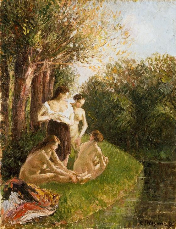 Camille Pissarro, Die Badenden (Bad Im Freien,Bad,Frau,Gruppenbild,Kunst,Freizeit,Schwimmen,Wald,Impressionismus,Fluss,Akt,Ankleiden,Portrait,Sonnenbad,Rückenakt,Französische Kunst,Kleid,Entkleiden,Ufer,Jahrhundertwende)