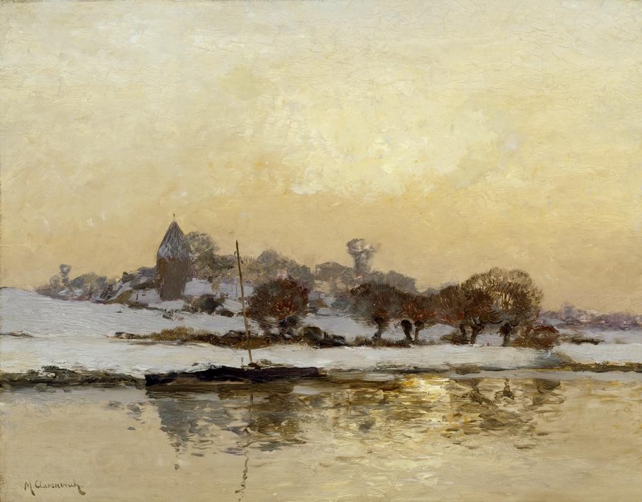 Max Clarenbach, Unbekannt (DEUTSCHE KUNST, DORF, KUNST, LANDSCHAFT, WINTER, IMPRESSIONISMUS, SCHNEE, FLUSS, UFER, PRIVATSAMMLUNG)