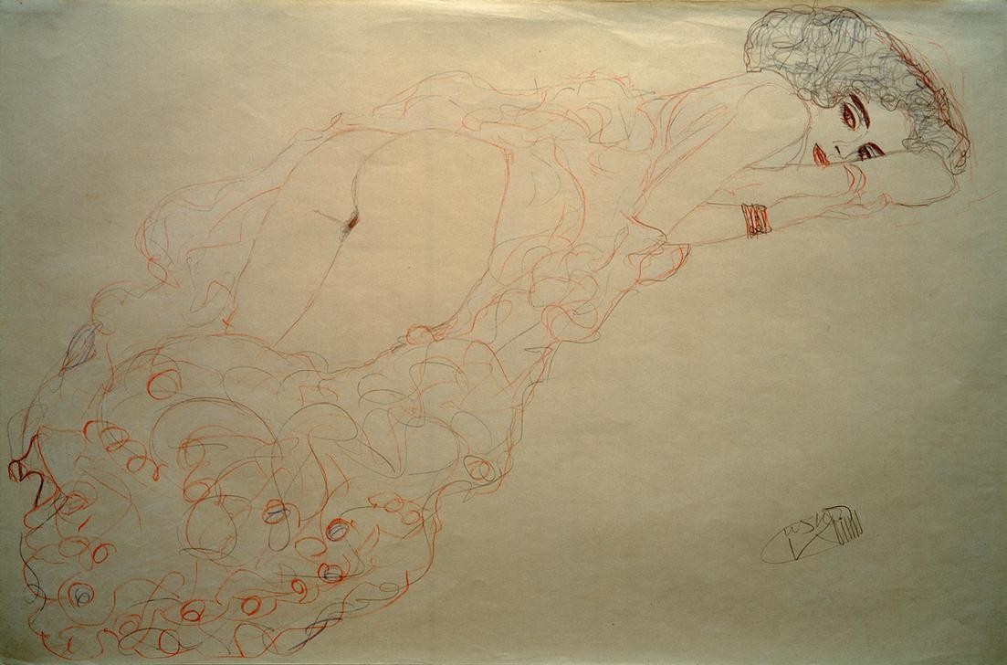 Gustav Klimt, Auf dem Bauch liegender Akt nach rechts  (Mensch und Gesellschaft)