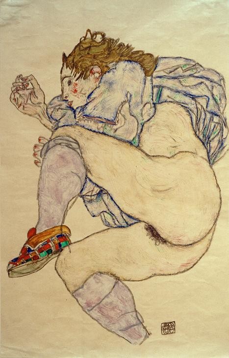 Egon Schiele, Akt mit kariertem Hausschuh (Erotik,Frau,Kunst,Pornographie,Strumpf,Akt,Expressionismus,Österreichische Kunst,Erotische Kunst,Sexualität,Halbakt,Schamhaar,Entblössung,Liegen,Hausschuh,Kariert)