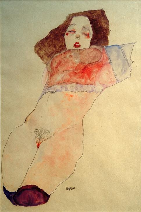 Egon Schiele, Mädchen mit entblößtem Unterleib (Erotik,Frau,Kunst,Akt,Expressionismus,Österreichische Kunst,Erotische Kunst,Halbakt,Vulva,Schamhaar,Entblössung,Damenstrumpf,Junge Frau,Liegen)