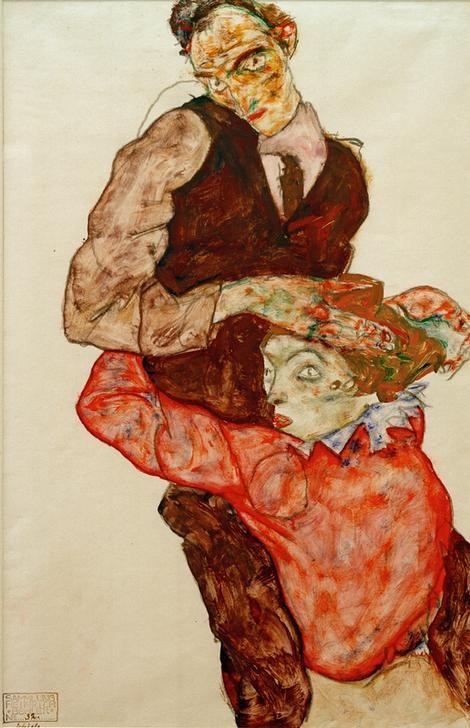 Egon Schiele, Liebespaar (Frau,Liebe Und Ehe,Liebespaar,Mann,Mensch,Expressionismus,Umarmung,Österreichische Kunst,Festhalten,Gefühl (Stimmung),Knien)