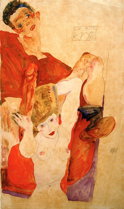 Egon Schiele, Die rote Hostie (Erotik,Frau,Kunst,Pornographie,Mann,Akt,Expressionismus,Österreichische Kunst,Erotische Kunst,Sexualität,Halbakt,Penis,Liebesspiel,Erektion)