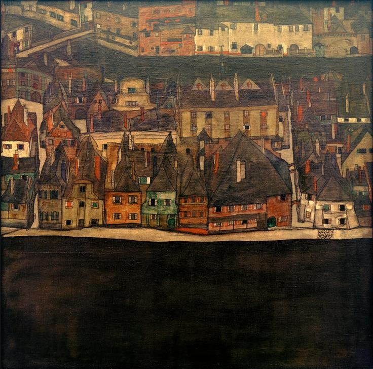 Egon Schiele, Die kleine Stadt II (Architektur,Geographie,Haus,Kunst,Fluss,Expressionismus,Architekturdarstellung,Österreichische Kunst,Topographie,Häuserzeile,Menschenleere)